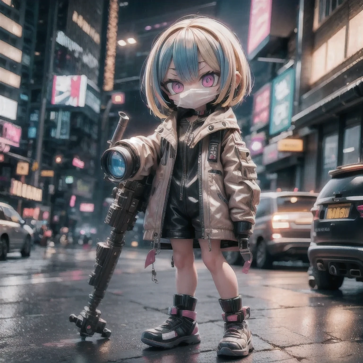 fish 1girl bangs blonde hair building car city city lights cityscape convenience store crosswalk cyberpunk english text eyebrows visible through hair gloves glowstick ground vehicle gun headgear holding holding weapon hologram jacket looking at viewer mask motor vehicle mouth mask multicolored hair neon lights night outdoors pink eyes rain road science fiction shield shoes short hair sign skyscraper sneakers solo spray can standing street traffic light weapon