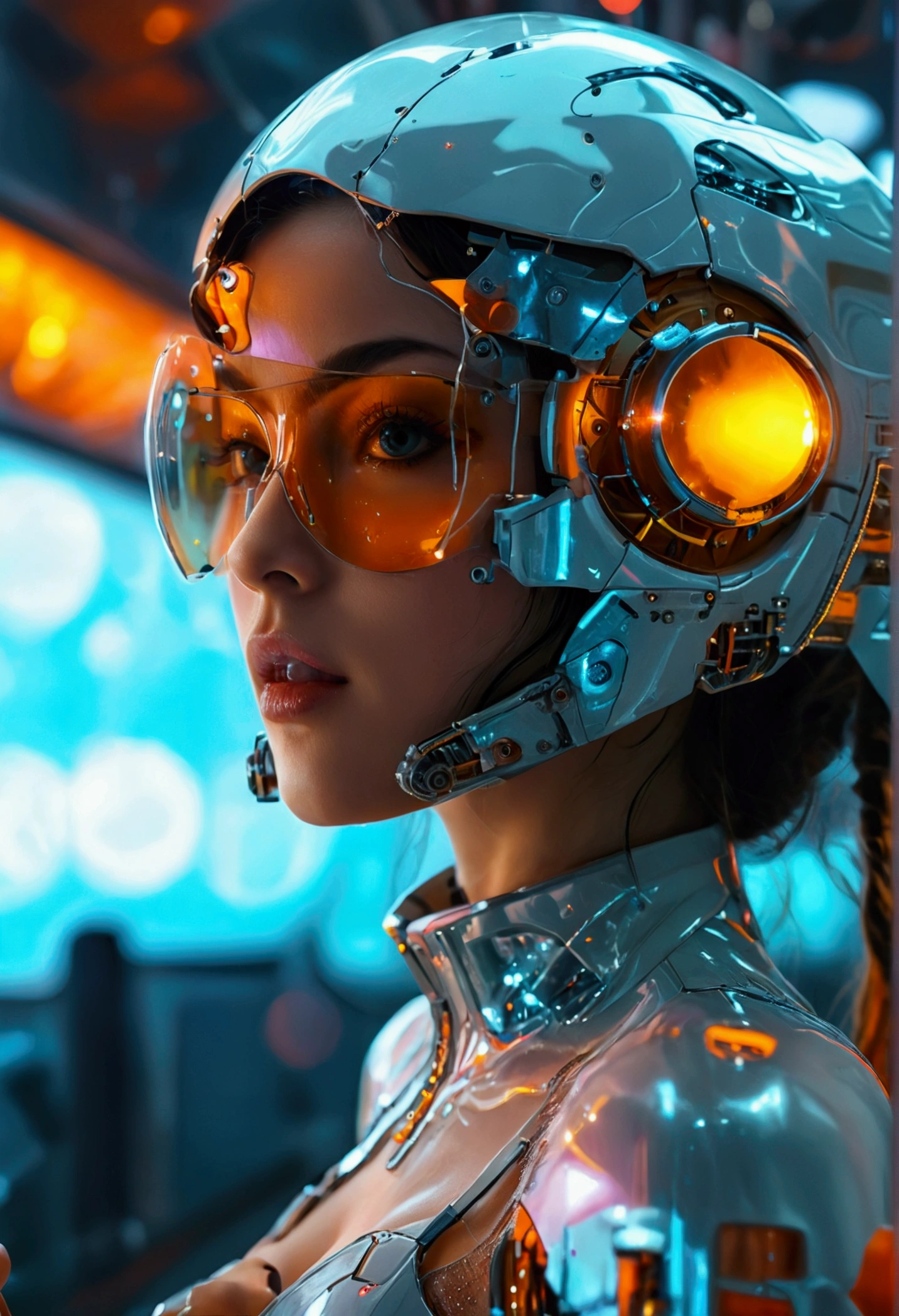 a sexy and beautiful futuristic engineer woman with technology fiddling with a mirror