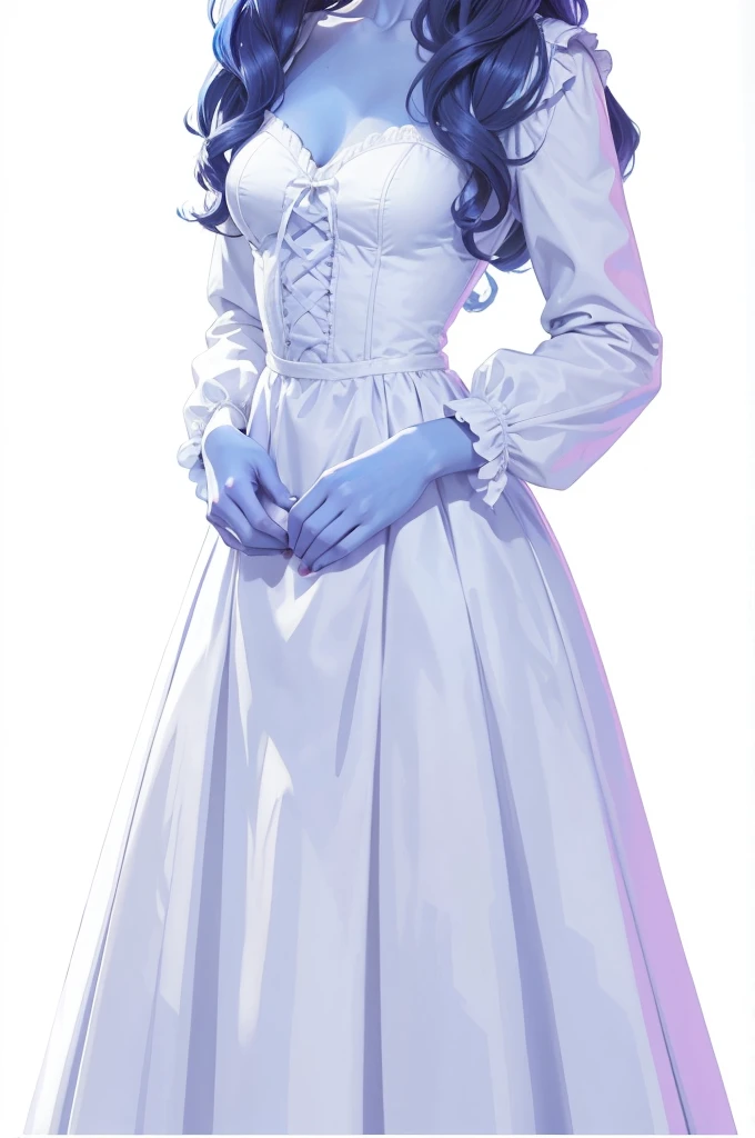 masterpiece, young woman, white dress, victorian dress, blue skin, wavy hair