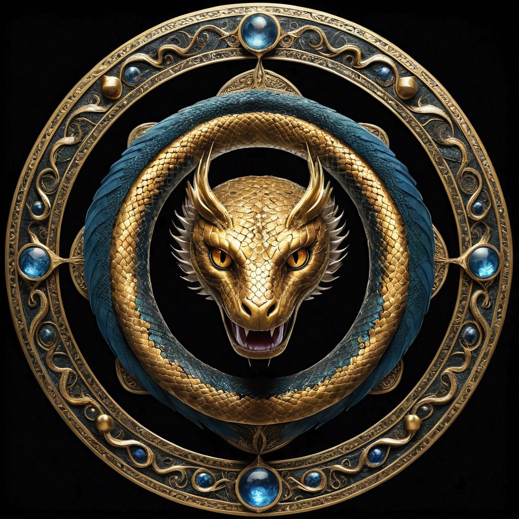 "(masterpiece,high quality,Ultra HD,16K:1.3),Mythical creatures,Draw for me: A snake circles and eats its own tail, In the center of the circle is a large eye of God, To the right of the snake angel&#39;s wing, And on the left are the devil&#39;s wings, Above the snake is a sacred halo full of eyes.,Mysterious Colors,Oriental style,Traditional cultural elements"