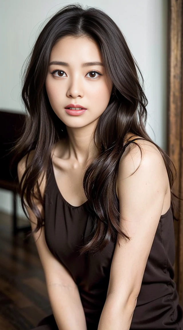 Dark brown hair、Light brown eyes、Japanese actress face、 Lady、I'Iは彼とIが好きです'I'Iは40歳くらいです.、(Intricate details:1.2)、(Which one is on top??:1.4)、 (Ultra-high resolution:1.2)、Ultra-high resolution、(Finely tuned)、(Detailed facial features)、Hmph、8K resolution、D cup size breasts、Long Hair、Updostyle, Updo、Hair Bun、1 Girl, Deep sorrowの表情, (Very detailed美しい顔), (pajamas:1.4)、(Bare shoulders:1.3), (Highest quality:1.4), (Very detailed)、Beautiful fair skin with transparency, Are sleeping、Sleeping on the floor、Top view、 Please open your mouth a little、pajamas、Deep sorrow、Pose of Weakness、Obscene pose、White floor、White wall、The morning sun shines in、Please lie down and sleep、High fever and expression of pain、