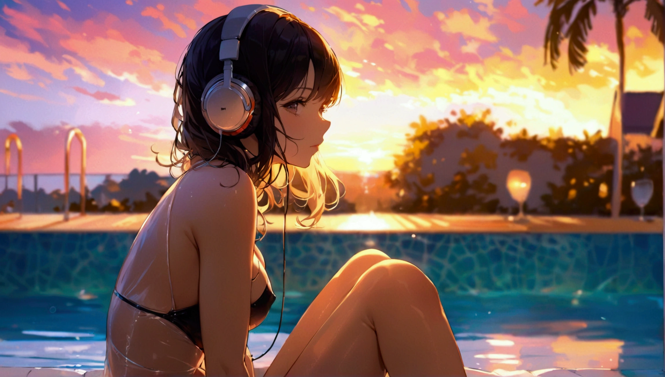 ((Top Quality)), ((Masterpiece)), ((Details)), perfect face, perfect body, sitting by the pool, listening to music, wearing headphones, wearing swimsuit, transparent swimsuit, wearing clothes exposing tight hips and breasts Woman with face visible, sitting with legs apart