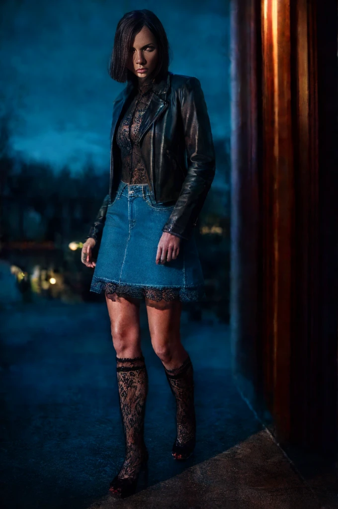 "(best qualityer,high resolution:1.2),The woman,(masochism:1.3),perfect skin, 19yearsold, expressive,cabelo Androgynous haircut,denim skirt,blouse,dark torn lace stockings with garters,(nighttime city:1.2),detailed eyes and face,long eyelashes,expression of despair,Dark, moody lighting,sinister vibration, grim reaper" Aesthetic artwork:1.2,