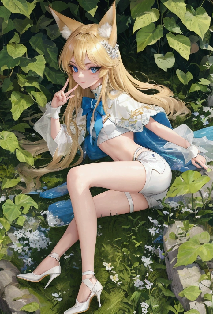 masterpiece, best quality, official art, extremely detailed 8k wallpaper, highly detailed, absurdres, (Bright background, day), Picturesque scenery of a bright forest, exquisite facial features, Fox ears, blue eyes, Perfect fingers, perfect face, (sharp eyeliner, eyeshadow, detailed eyes:1.1), [Long Blonde hair], Small breasts,  Perfect skin, shiny skin, female, solo, light smile, [White crop top, White Shorts, White high heels]