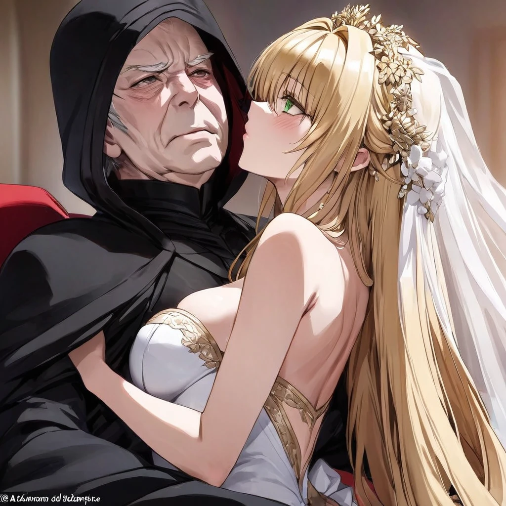 ((Highest quality)), ((masterpiece)), (detailed), （Perfect Face）、The woman is a tiare with green eyes, medium-long blonde hair, and is wearing a gorgeous wedding dress with gorgeous gold embroidery and trim, a wedding veil, and an engagement ring.、The woman embraces Emperor Palpatine, kisses him, and gets married to him.、The woman is close to the Emperor, and the dignified old Emperor Palpatine embraces the woman, shares a mechanical kiss, and gets married.、The man is Darth Sidious, Emperor Palpatine, Dark Lord of the Sith, a wrinkled, dignified, ugly old man wearing a black hooded robe.