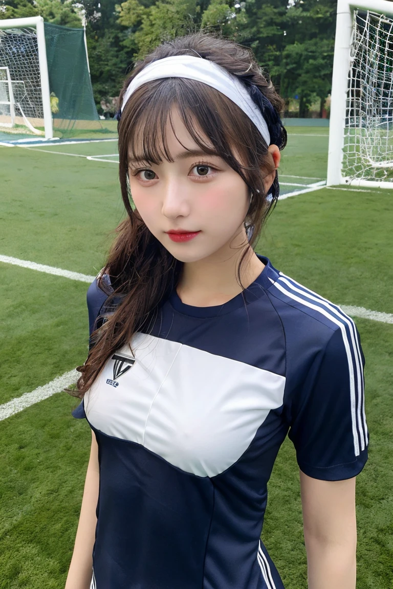 1 beautiful girl , masterpiece, high quality, best quality, extremely detailed,(((wearing black and blue stripe soccer wear))),hairband ,((Ample Breasts)),  Diminutive Height