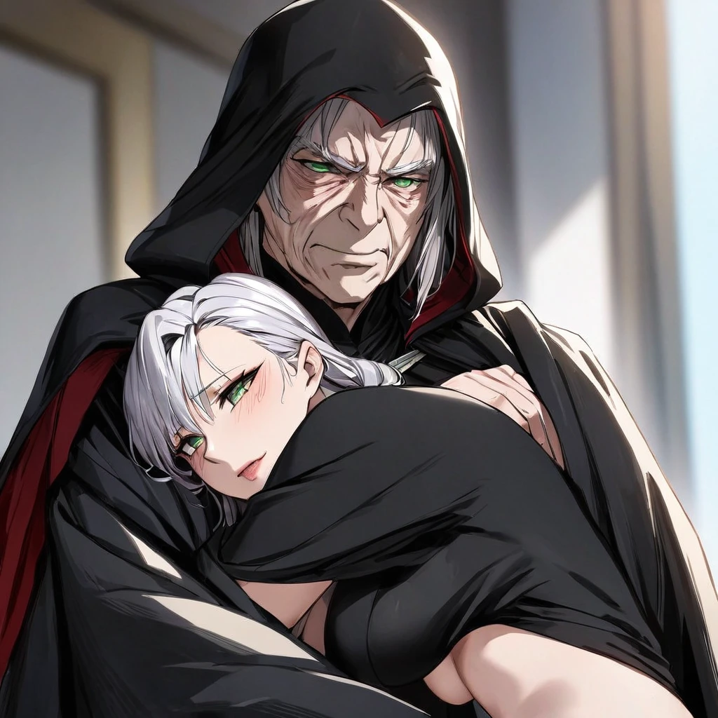 ((Highest quality)), ((masterpiece)), (detailed), (Perfect Face)、The woman is a thief with green eyes and medium-long blonde hair. She is wearing a gorgeous black wedding dress with gorgeous gold embroidery and trim, a black wedding veil, and an engagement ring.、The woman embraces Emperor Palpatine, kisses him, and gets married to him.、The woman is standing next to the Emperor, and the dignified old Emperor Palpatine embraces her, kisses her vows, and gets married.、The man is Darth Sidious, Emperor Palpatine, Dark Lord of the Sith, a wrinkled, dignified, ugly old man wearing a black hooded robe.