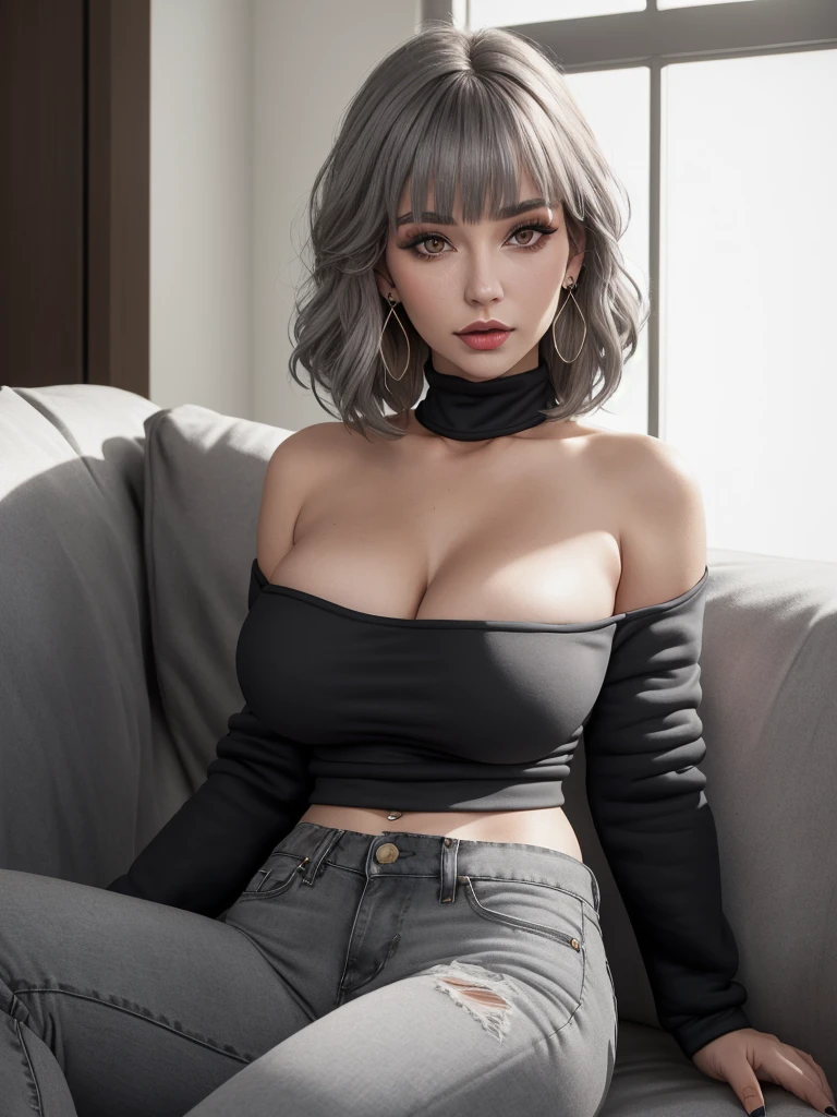 35-year-old woman with European facial features, (((gray shoulder-length hair))), bangs, makeup, earrings and jewelry, eyelashes, ((gray sweatshirt open)), (((black blouse with a low-cut neckline underneath))), large breasts, jeans, sitting on the sofa, looking at the viewer , darkened room, close-up
