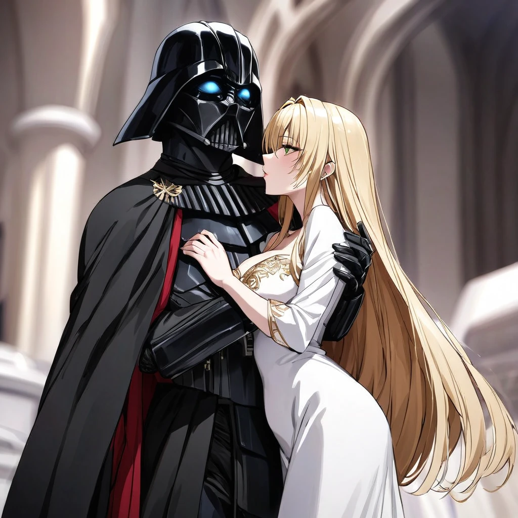 ((Highest quality)), ((masterpiece)), (detailed), （Perfect Face）、The woman is a thief with green eyes and medium-long blonde hair. She is wearing a gorgeous black wedding dress with gorgeous gold embroidery and trim, a black wedding veil, and an engagement ring.、The woman is married to Emperor Palpatine in a luxurious space empire church, where they embrace and kiss in a vow ceremony.、The woman is standing next to the Emperor, and the dignified old Emperor Palpatine embraces her, kisses her vows, and gets married.、The man is Darth Sidious, Emperor Palpatine, Dark Lord of the Sith, a wrinkled, dignified, ugly old man wearing a black hooded robe.