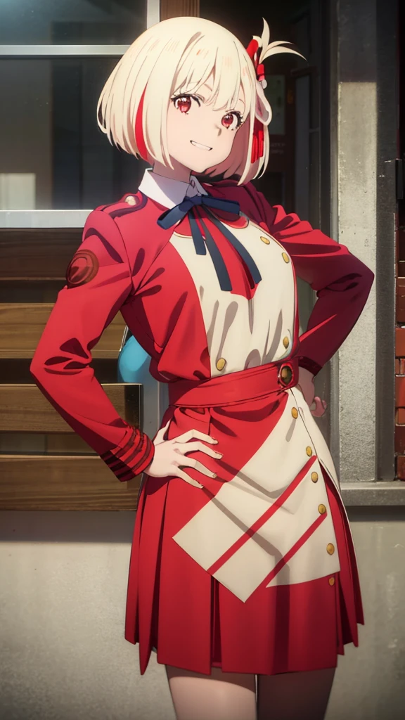 (art by hews:0.8), cowboy shot, solo, 1girl, nishikigi chisato, smile, looking at viewer, hands on hips, bob cut, hair ribbon, lycoris uniform, two-tone dress, red dress, grey dress, neck ribbon, long sleeves, (masterpiece:1.0),(best_quality:1.0), ultra high res,4K,ultra-detailed, photography, 8K, HDR, highres,