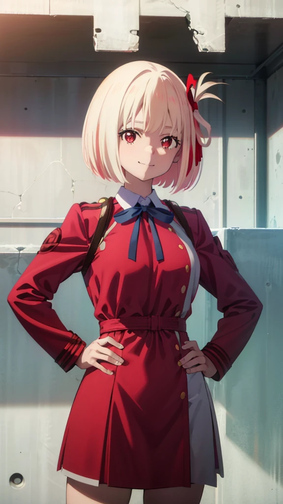 (art by hews:0.8), cowboy shot, solo, 1girl, nishikigi chisato, smile, looking at viewer, hands on hips, bob cut, hair ribbon, lycoris uniform, two-tone dress, red dress, grey dress, neck ribbon, long sleeves, (masterpiece:1.0),(best_quality:1.0), ultra high res,4K,ultra-detailed, photography, 8K, HDR, highres,