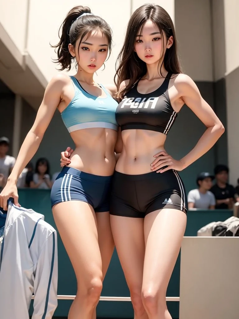 Arabian woman in sportswear posing on court, Sports bra and dark blue shorts, sporty physique, sporty, Korean Girls, Shorts, Sports bra and shorts, Korean women, beautiful south Korean women, Japanese Model, Nice hips and long legs, Shortsをはいたセクシーな女の子, An athletic body, Bra and shorts streetwear, attractive sporty physique, Cute Sportswear