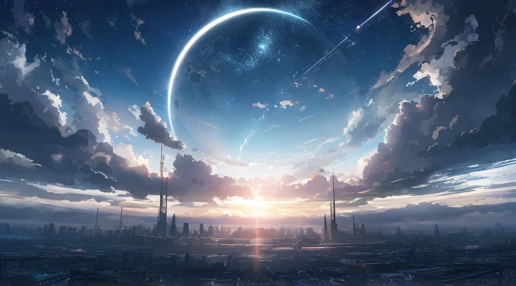 anime scene of a futuristic city with a moon and a shooting star, ethereal starlit city at sunset, russian orbit city cityscape, futuristic city backdrop, arstation and beeple highly, ringed planet in the sky, cosmic skies. by makoto shinkai, vista of futuristic city, 3 d render beeple, futuristic city background, futuristic space port