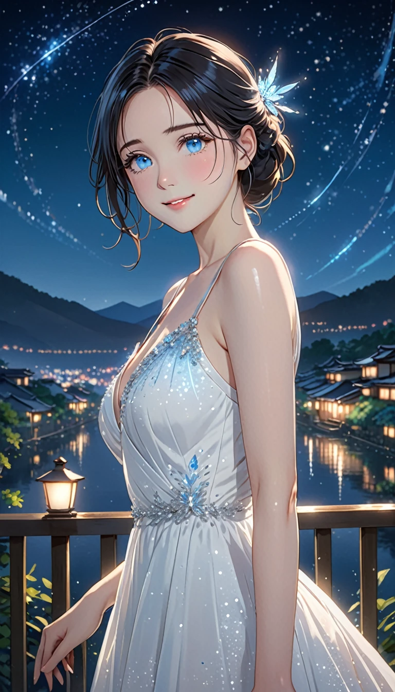 National Science Foundation,masterpiece,High resolution,8K,art,refer to,Kyoto Animation Style,Your Name movie style,To the camera,night,midnight,Light,(1 female: 1.3),(alone: 1.4),Sparkling Light Evening Dress,(Wearing a white dress),(Woman wearing a beautiful formal dress),Pure white dress,Elegant dress with Swarovski crystals,Crystal Hairpin,Long eyelashes,Thin legs,(Medium Hair),(Black Hair),Feminine poses,Sexy pose,(((medium shot:1.4))), close of upper body,Show upper body,Eyes as deep as the starry sky,(pale blue eyes:1.5),Moist eyes,Shining beautiful eyes,Blushed,shy,shy,Open your lips slightly and smile,Woman as beautiful as an angel,mystery,mystery,