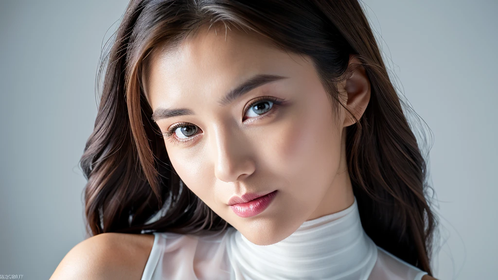(Detailed face),(vivid),(Silver)Turtleneck sleeveless lightweight dress,4K,Ultra-high resolution,(Photorealistic:1.7),White Background,Black long hair,