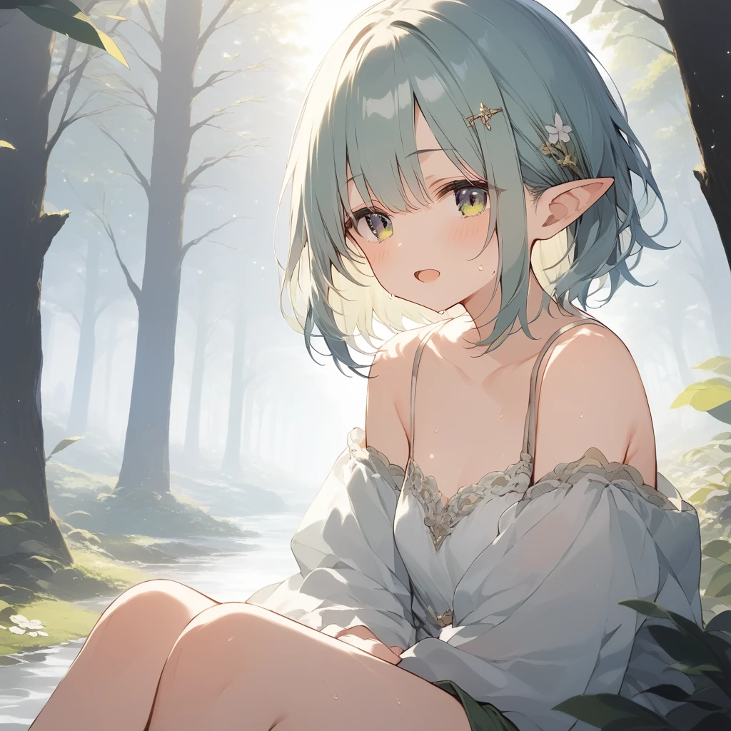 score_9, score_8_up, score_7_up, source_anime, best quality, masterpiece, official art, absurdres, highres, ultra-detailed,waifu2x,Collection: Slice of Life,break,1girl, elf, cool, short hair, slender, androgynous, small breasts, beautiful detailed eyes, green shorts, sweat, open mouth, sleepily, outdoors, forest, spring,break,(clear line illustration:1.2), super detailed skin,very high resolution, very aesthetic, Best sexual lighting powered by famous artist, 8k,cute picture,beauty illustration,photoshop_(medium),,(Detailed Lighting),best anime 8k konachan wallpaper, pixiv contest winner,