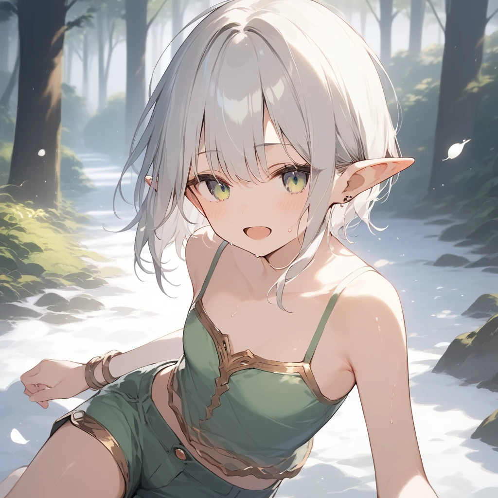 score_9, score_8_up, score_7_up, source_anime, best quality, masterpiece, official art, absurdres, highres, ultra-detailed,waifu2x,Collection: Slice of Life,break,1girl, elf, cool, short hair, slender, androgynous, small breasts, beautiful detailed eyes, green shorts, sweat, open mouth, sleepily, outdoors, forest, spring,break,(clear line illustration:1.2), super detailed skin,very high resolution, very aesthetic, Best sexual lighting powered by famous artist, 8k,cute picture,beauty illustration,photoshop_(medium),,(Detailed Lighting),best anime 8k konachan wallpaper, pixiv contest winner,
