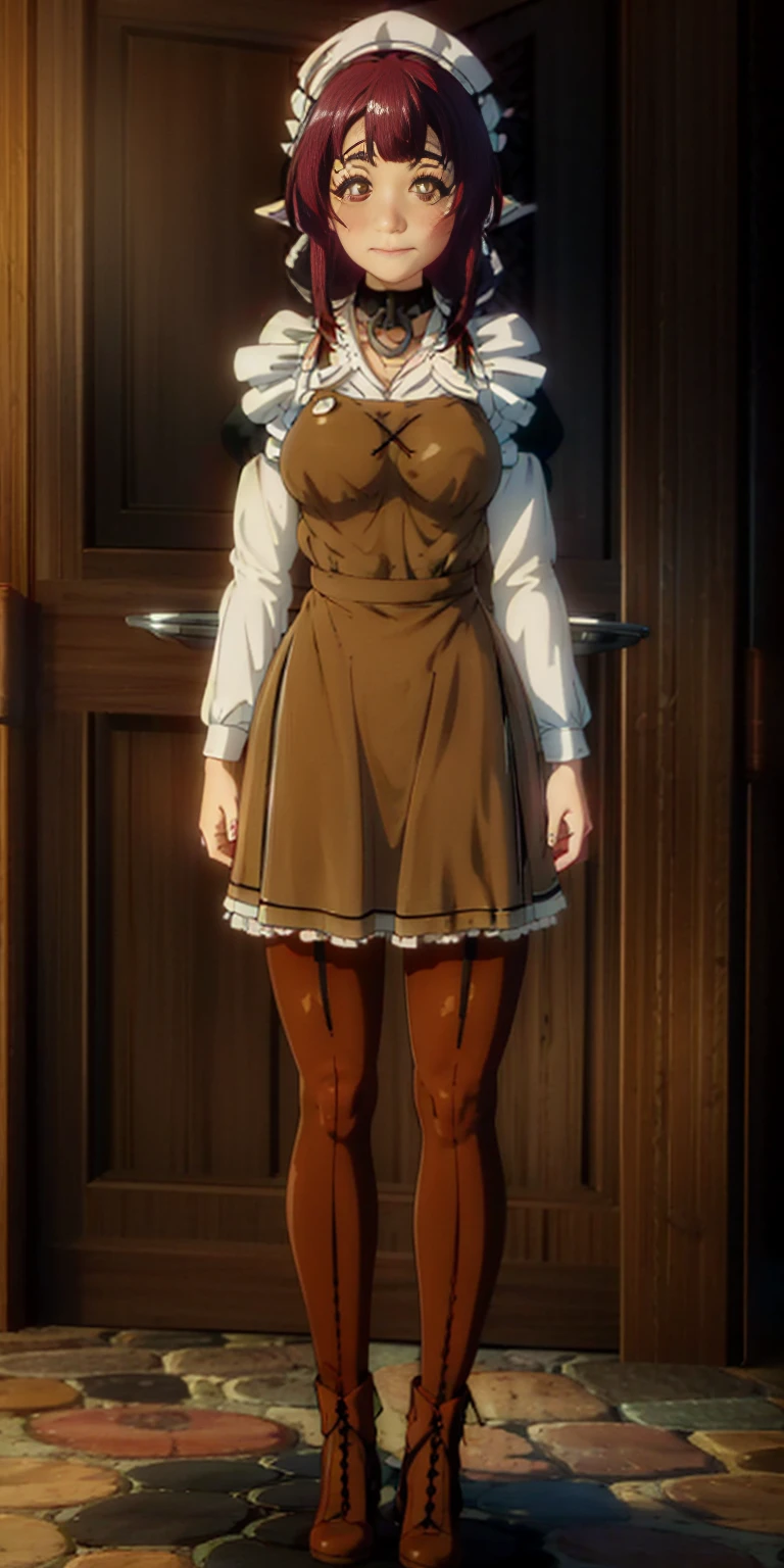 full body standing straight symmetrical, lustful smirking smile face red blush red cheeks, looking at viewer, holding tray, braid, maid headdress, maid, dress, apron, long sleeves, brown pantyhose, long leather militar boots, thighs, long white hair, masterpiece