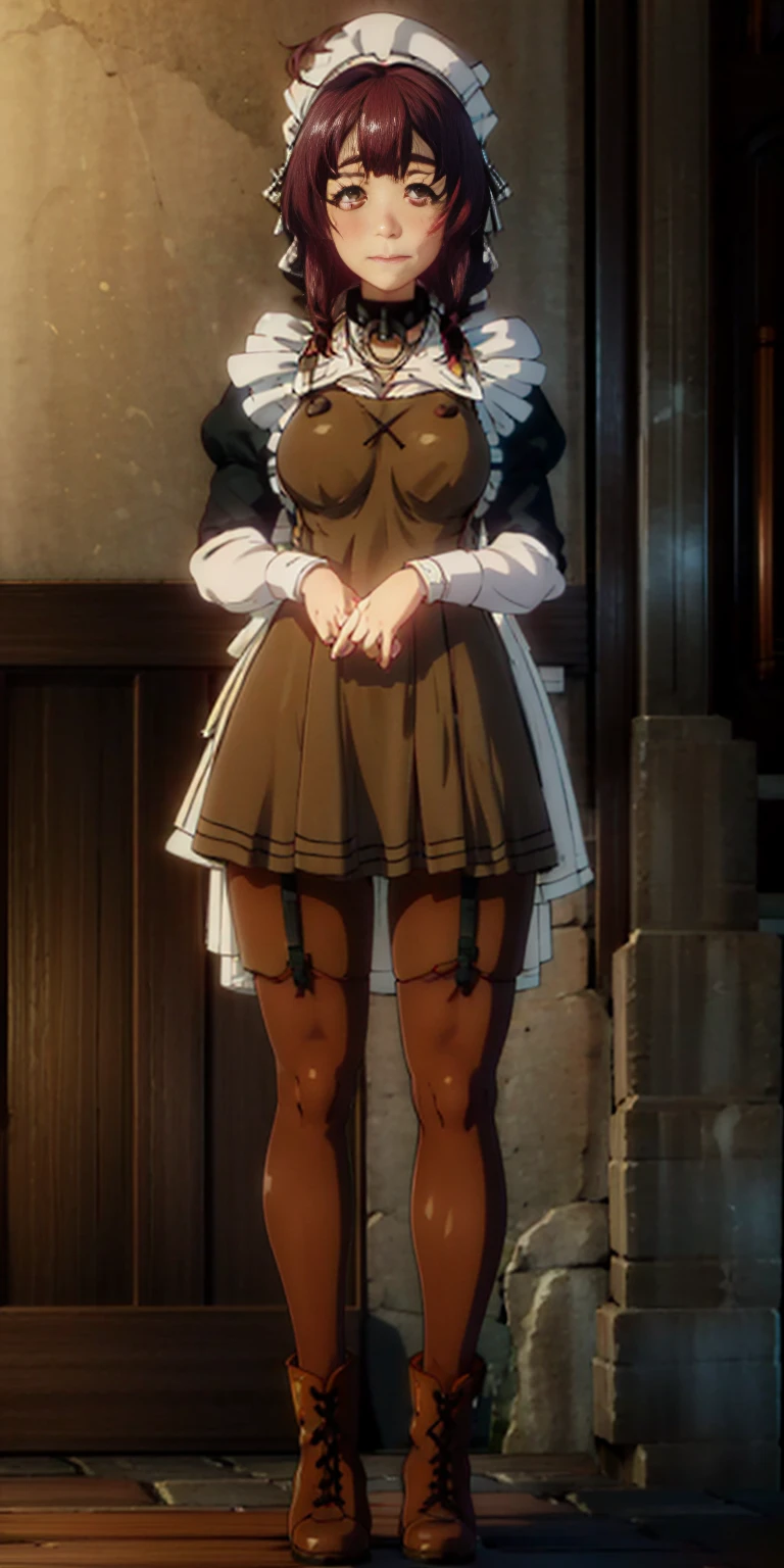 full body standing straight symmetrical, lustful smirking smile face red blush red cheeks, looking at viewer, holding tray, braid, maid headdress, maid, dress, apron, long sleeves, brown pantyhose, long leather militar boots, thighs, long white hair, masterpiece