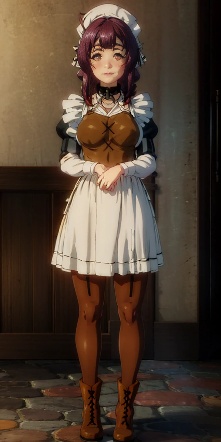 full body standing straight symmetrical, lustful smirking smile face red blush red cheeks, looking at viewer, holding tray, braid, maid headdress, maid, dress, apron, long sleeves, brown pantyhose, long leather militar boots, thighs, long white hair, masterpiece