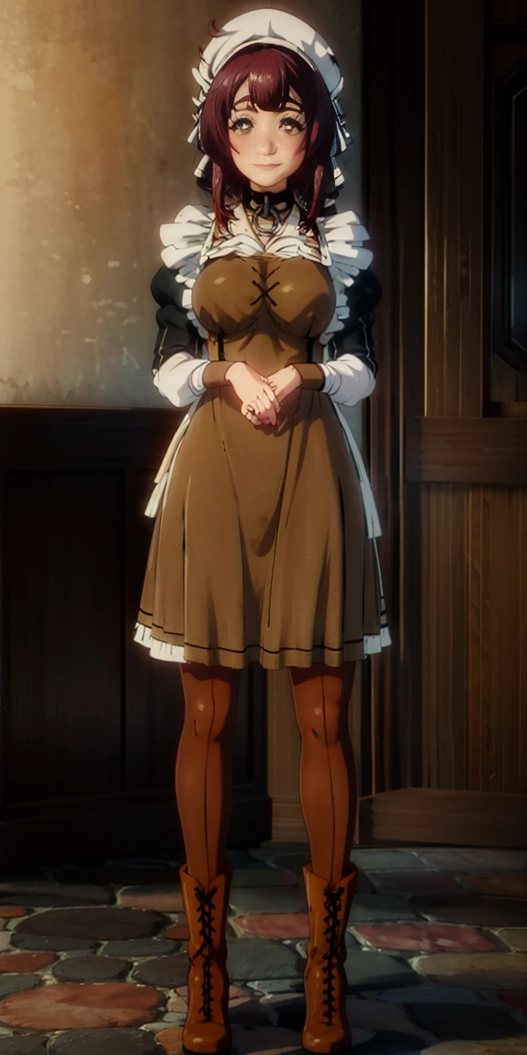 full body standing straight symmetrical, lustful smirking smile face red blush red cheeks, looking at viewer, holding tray, braid, maid headdress, maid, dress, apron, long sleeves, brown pantyhose, long leather militar boots, thighs, long white hair, masterpiece