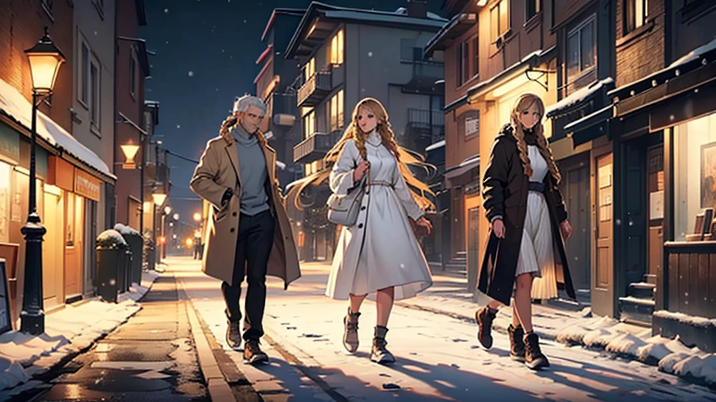 ((best quality)), ((work of art)), ((detailed)), man with white hair, casual clothes, accompanied by two women: one with brown hair and bangs, and the second woman with blonde hair in braids, both wearing white dresses, walking at night on a snowy street