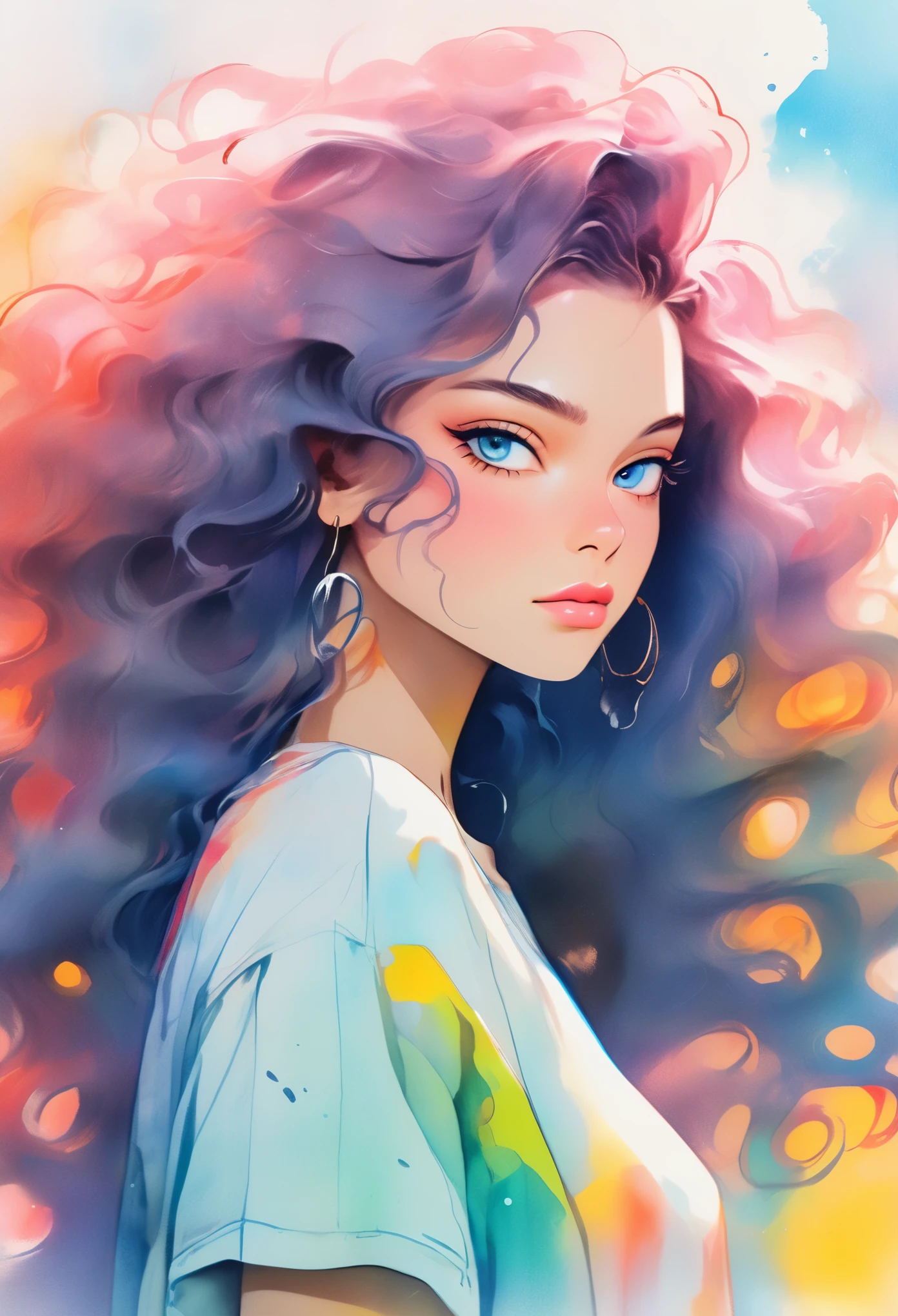 best quality,watercolor,ink,Oil Pen,painting,Upper body portrait,The original essence of the tattoo street style icon,Rebellious energy,Wear an oversized t-shirt with a logo,Vibrant graffiti as background,Avant-garde fashion,Feeling,Confident appearance,Colorful hair,light through the mist,(1 girl),Long curly hair,blue eyes,A small smile
