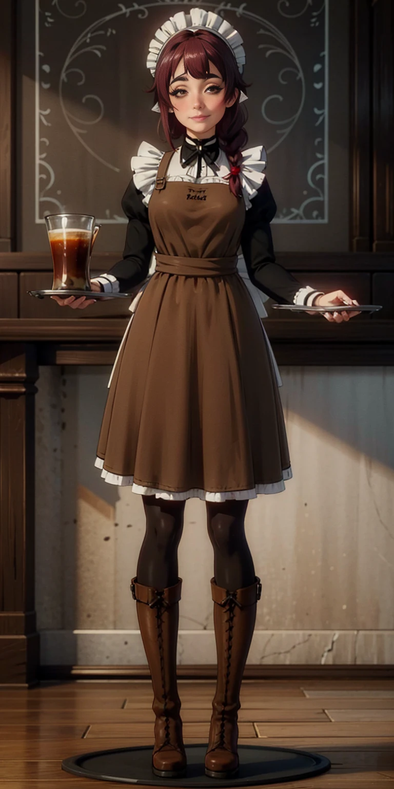 full body standing straight symmetrical, lustful smirking smile face red blush red cheeks, looking at viewer, holding tray, braid, maid headdress, maid, dress, apron, long sleeves, brown pantyhose, long leather militar boots, thighs, long white hair, masterpiece