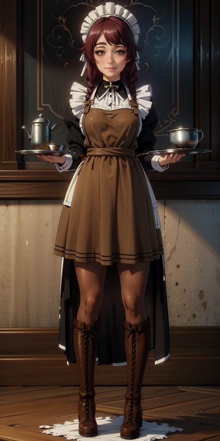 full body standing straight symmetrical, lustful smirking smile face red blush red cheeks, looking at viewer, holding tray, braid, maid headdress, maid, dress, apron, long sleeves, brown pantyhose, long leather militar boots, thighs, long white hair, masterpiece