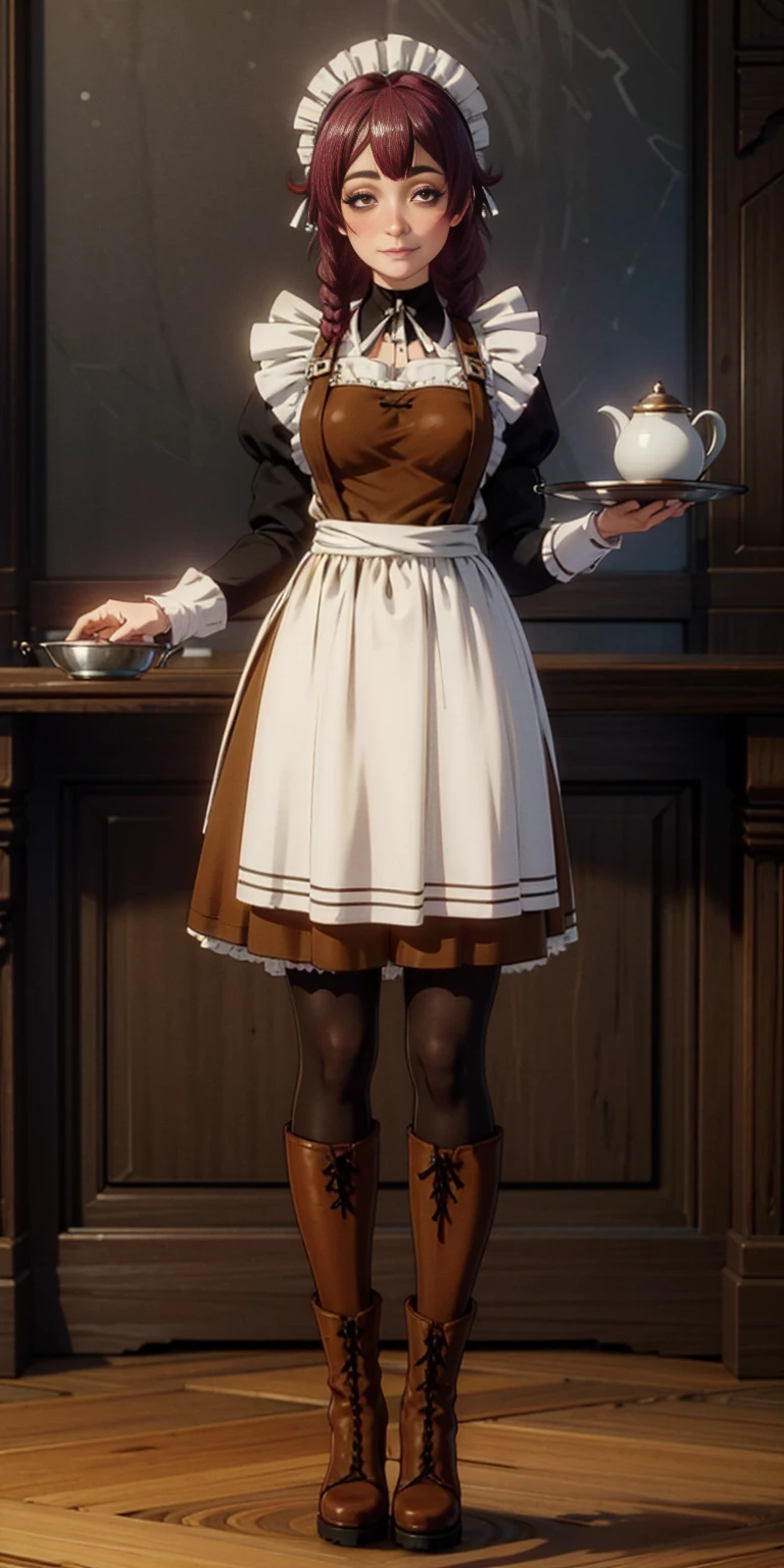 full body standing straight symmetrical, lustful smirking smile face red blush red cheeks, looking at viewer, holding tray, braid, maid headdress, maid, dress, apron, long sleeves, brown pantyhose, long leather militar boots, thighs, long white hair, masterpiece