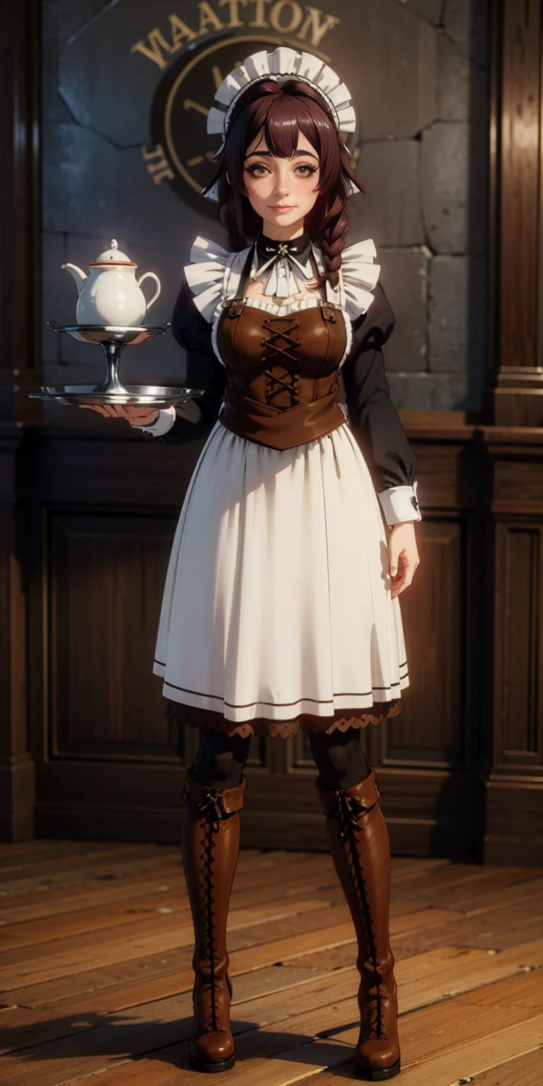 full body standing straight symmetrical, lustful smirking smile face red blush red cheeks, looking at viewer, holding tray, braid, maid headdress, maid, dress, apron, long sleeves, brown pantyhose, long leather militar boots, thighs, long white hair, masterpiece