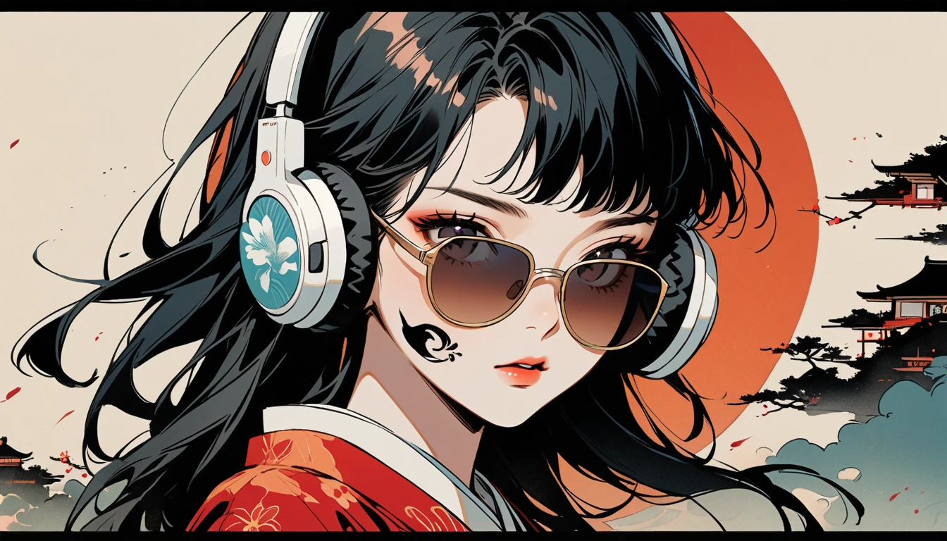 Fluttering Hair, Ink Painting, 1 girl, Tattoo on face, sunglasses, Japanese style headphones, beautiful girl, Black Hair, Show the cassette tape, Delicate and precise, Modern ukiyo-e style, Multicolored background