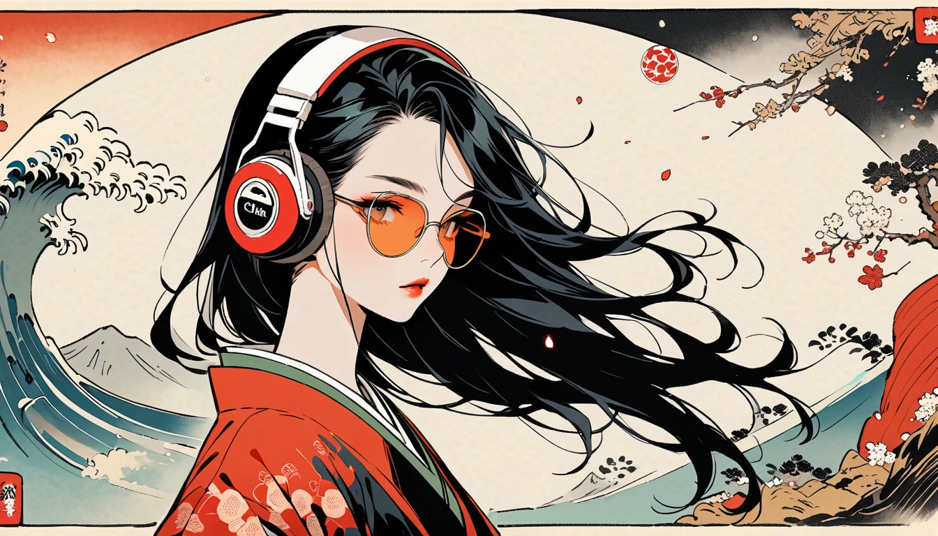 Fluttering Hair, Ink Painting, 1 girl, Tattoo on face, sunglasses, Japanese style headphones, beautiful girl, Black Hair, Show the cassette tape, Delicate and precise, Modern ukiyo-e style, Multicolored background