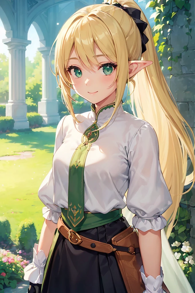 (((masterpiece; best quality: 1.2))), (finely detailed eyes: 1.3), (25 year old elf woman), (solo), (green eyes: 1.4), (body; lithe, fit, femenine: 1.3), (silky blonde hair + low ponytail: 1.3), (beautiful and clear background: 1.2), ((depth of field)), (equipment: adventurer attire + modest + long white tunic-coat + black longskirt + gloves + belt + pouches: 1.3), (anime illustration: 1.2), (background composition; royal garden: 1.1), (extremely fine and beautiful: 1.1), (shot composition; standing + centered on torso + close-up: 1.5), (expression; calm, smile: 1.2)