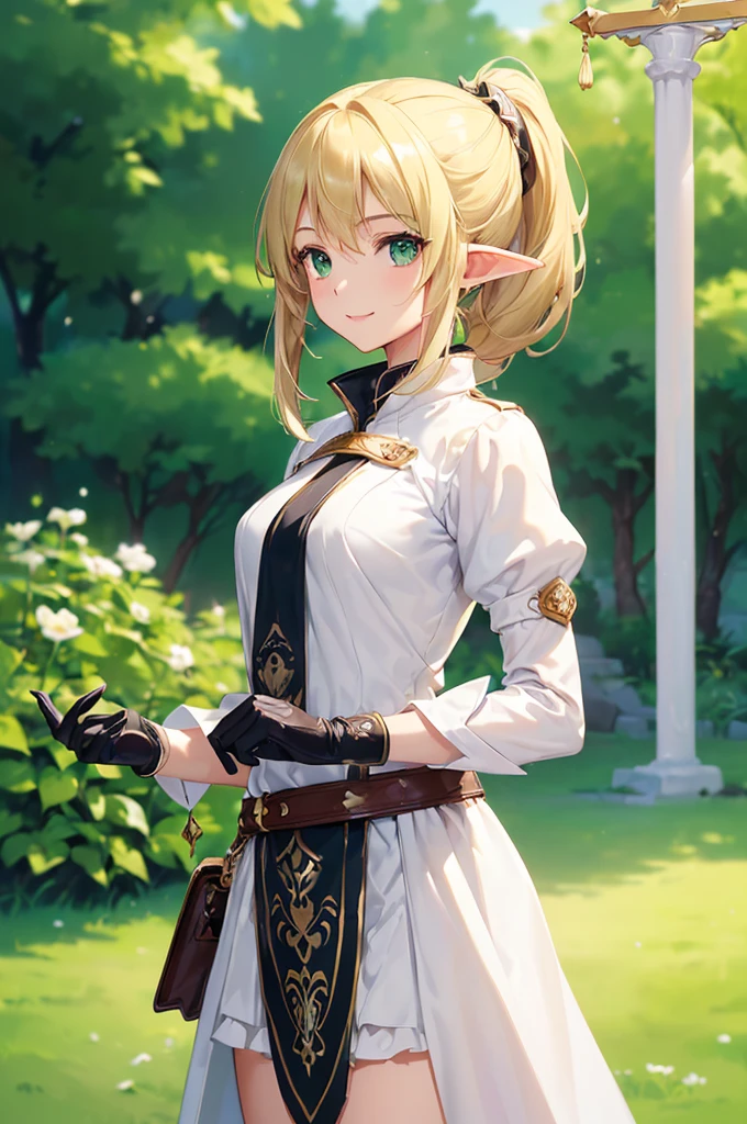 (((masterpiece; best quality: 1.2))), (finely detailed eyes: 1.3), (25 year old elf woman), (solo), (green eyes: 1.4), (body; lithe, fit, femenine: 1.3), (silky blonde hair + low ponytail: 1.3), (beautiful and clear background: 1.2), ((depth of field)), (equipment: adventurer attire + modest + long white tunic-coat + black longskirt + gloves + belt + pouches: 1.3), (anime illustration: 1.2), (background composition; royal garden: 1.1), (extremely fine and beautiful: 1.1), (shot composition; standing + centered on torso + close-up: 1.5), (expression; calm, smile: 1.2)