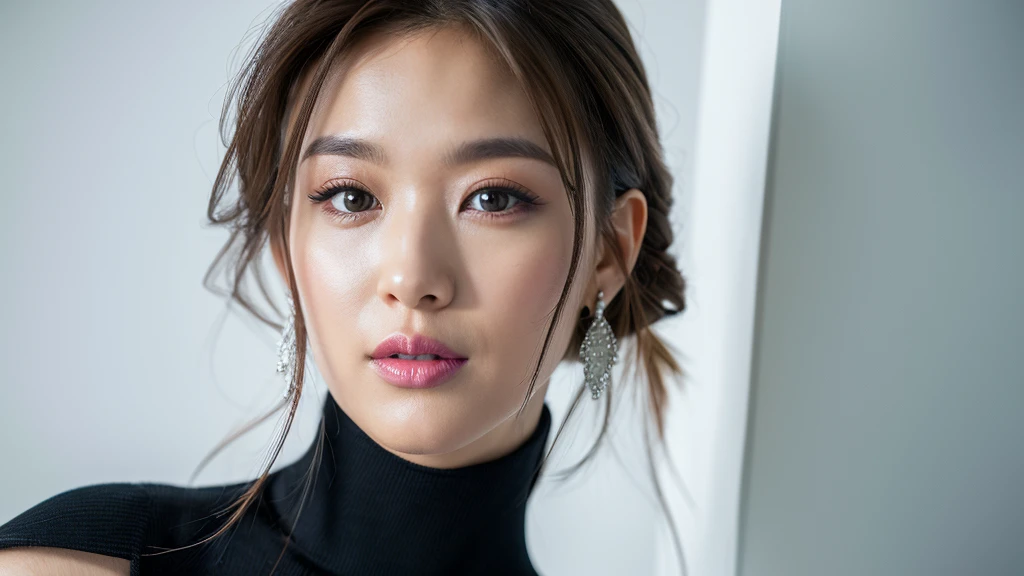 (Detailed face),(vivid),(Silver)Turtleneck sleeveless lightweight dress,4K,Ultra-high resolution,(Photorealistic:1.7),White Background,Black long hair,