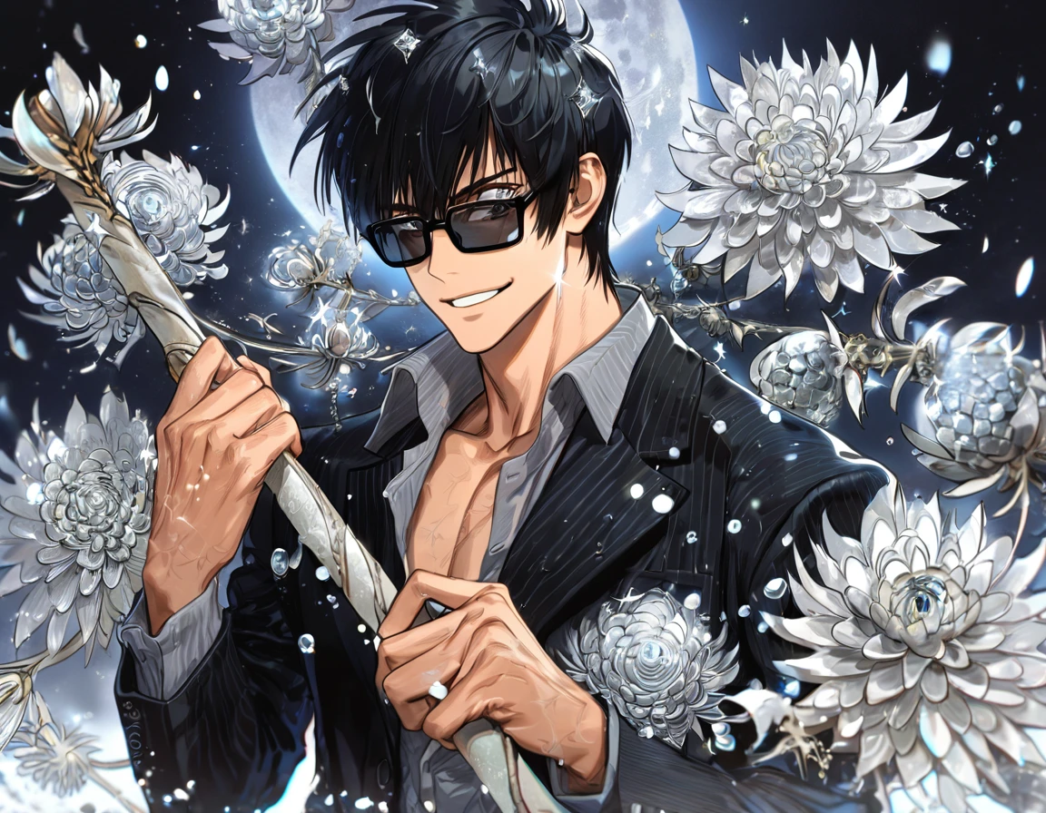 absurdres, highres, ultra detailed, HDR, master piece, best quality, extremely detailed, Nicholas D Wolfwood, black hair, black sunglasses, expressive gray eyes, Trigun, solo, sexy man, handsome, smile, black jacket, gray shirt, fantasy, water, sparkling, silver glittering fireflies, silver moon, silver blossoms, silver chrysanthemums, silver sparkling lights, starry sky, magical