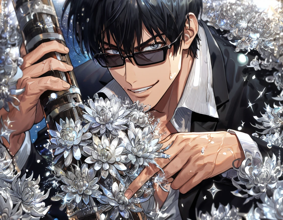 absurdres, highres, ultra detailed, HDR, master piece, best quality, extremely detailed, Nicholas D Wolfwood, black hair, black sunglasses, expressive gray eyes, Trigun, solo, sexy man, handsome, smile, black jacket, gray shirt, fantasy, water, sparkling, silver glittering fireflies, silver moon, silver blossoms, silver chrysanthemums, silver sparkling lights, starry sky, magical