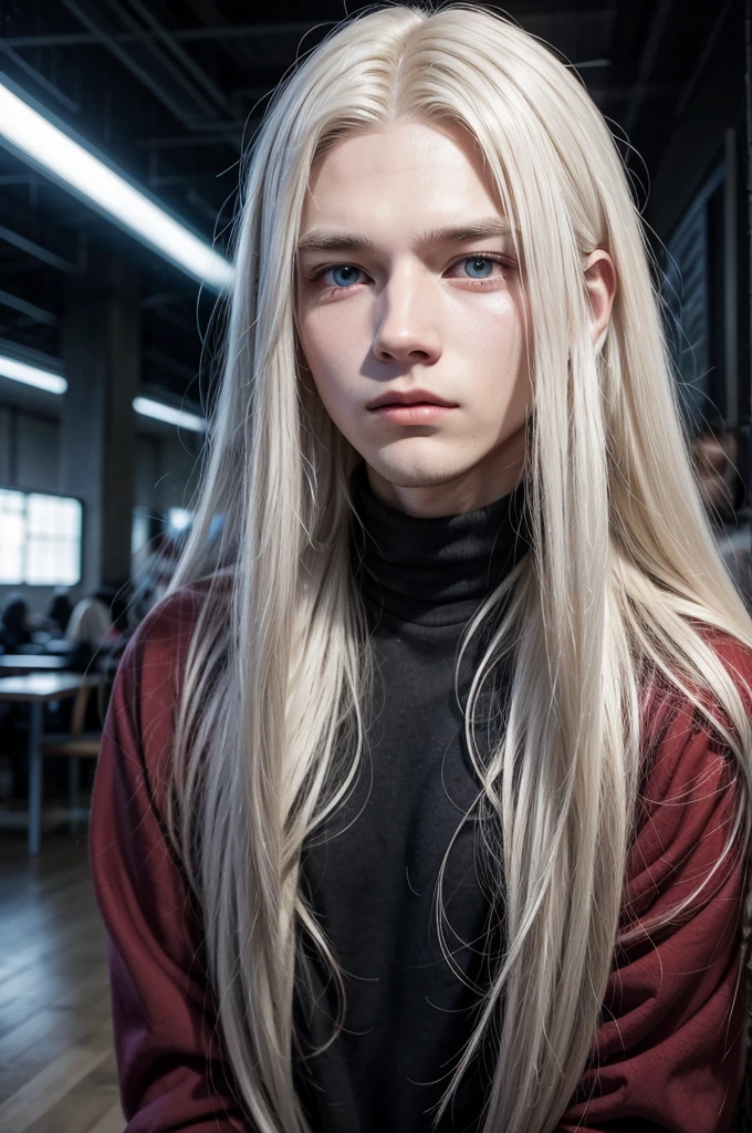 young man with long white hair and red eyes.
