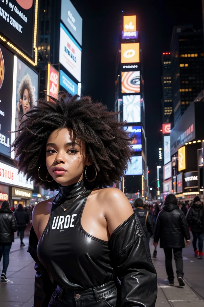 A 25-year-old black woman with thick afro hair, dressed in a modern urban style, walking through Times Square in New York, with the bright signs and the hustle and bustle of the city in the background.