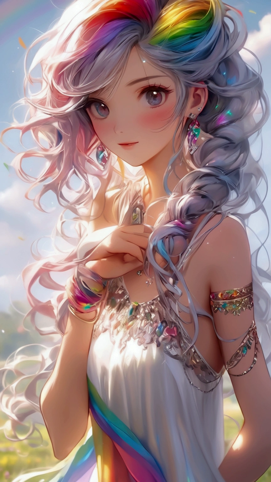a girl,rainbow colored hair,Romanticized nature,curls,A dreamlike realm,light white and light red,light white and cyan,HD,high detail,high quality,Very good atmosphere,exquisite,CG rendering,Detailed rendering,(exquisite facial portrayal)(Fine hair depiction)(best quality)(Master masterpieces)(High degree of completion)(a sense of atmosphere)(bust)