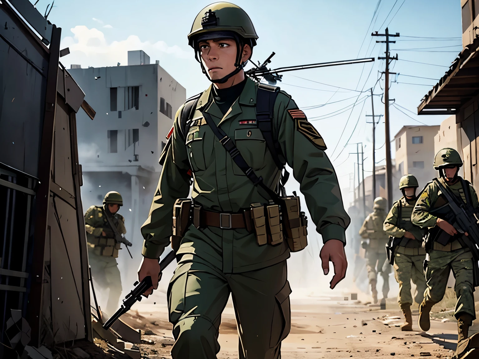  a soldier in combat uniform, with a determined look on his face as he leads his platoon through a war zone.