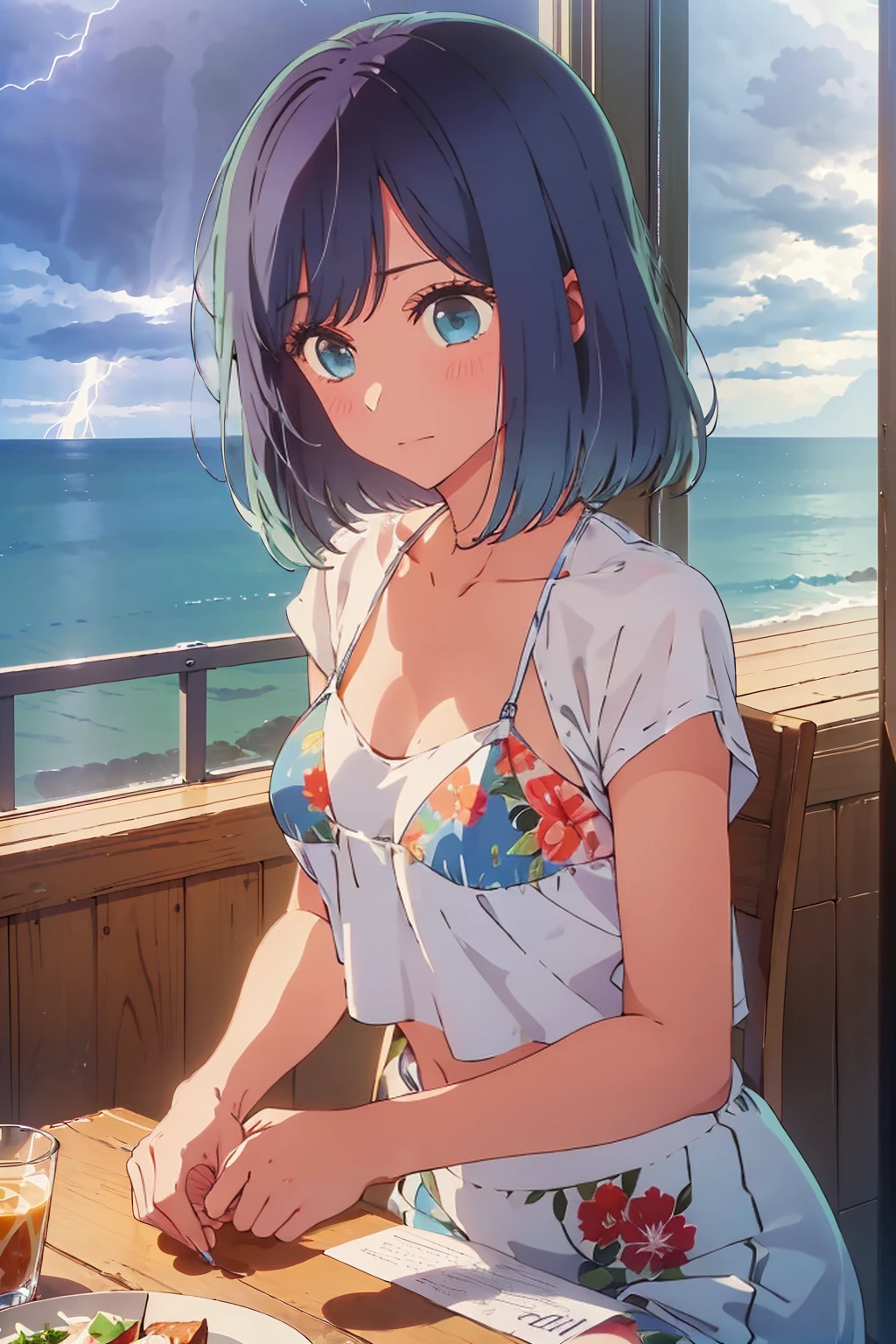 (Highest quality:1.4、masterpiece:1.4、Super detailed:1.4、8K:1.4)、((((1 person、Surprised expression、sit、Indoor cafe terrace、coastal、juice、table、Sandy Beach、juiceのグラスを持つ、Micro Bikini、Very soft boobs、Big eyes、Very cute face))))、(with a thunderstorm:1.4)、F cup bust、Medium breast、Underboob