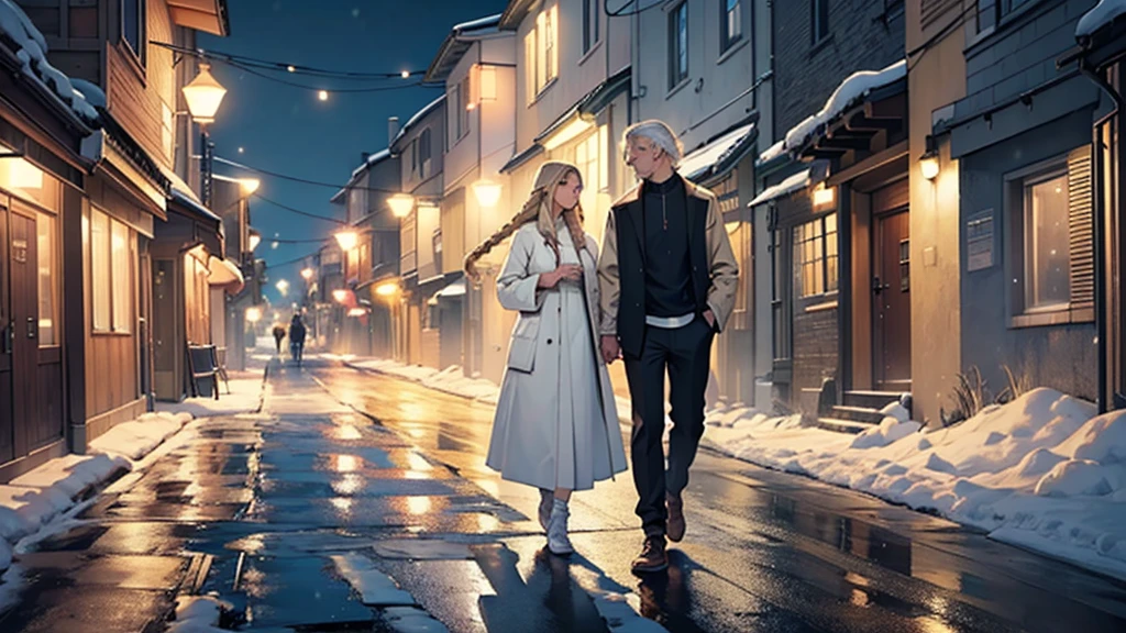 ((best quality)), ((work of art)), ((detailed)), man with white hair, casual clothes, accompanied by two women: one with brown hair and bangs, and the second woman with blonde hair in braids, both wearing white dresses, walking at night on a snowy street