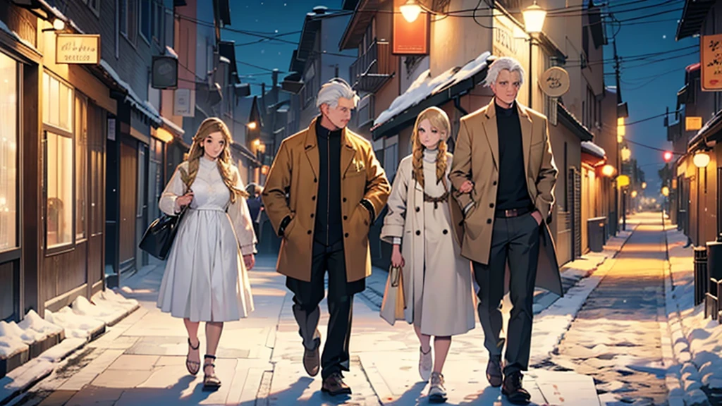 ((best quality)), ((work of art)), ((detailed)), man with white hair, casual clothes, accompanied by two women: one with brown hair and bangs, and the second woman with blonde hair in braids, both wearing white dresses, walking at night on a snowy street