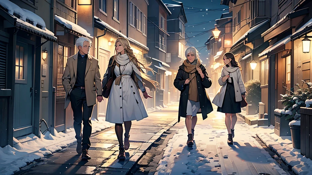 ((best quality)), ((work of art)), ((detailed)), man with white hair, casual clothes, accompanied by two women: one with brown hair and bangs, and the second woman with blonde hair in braids, both wearing white dresses, walking at night on a snowy street