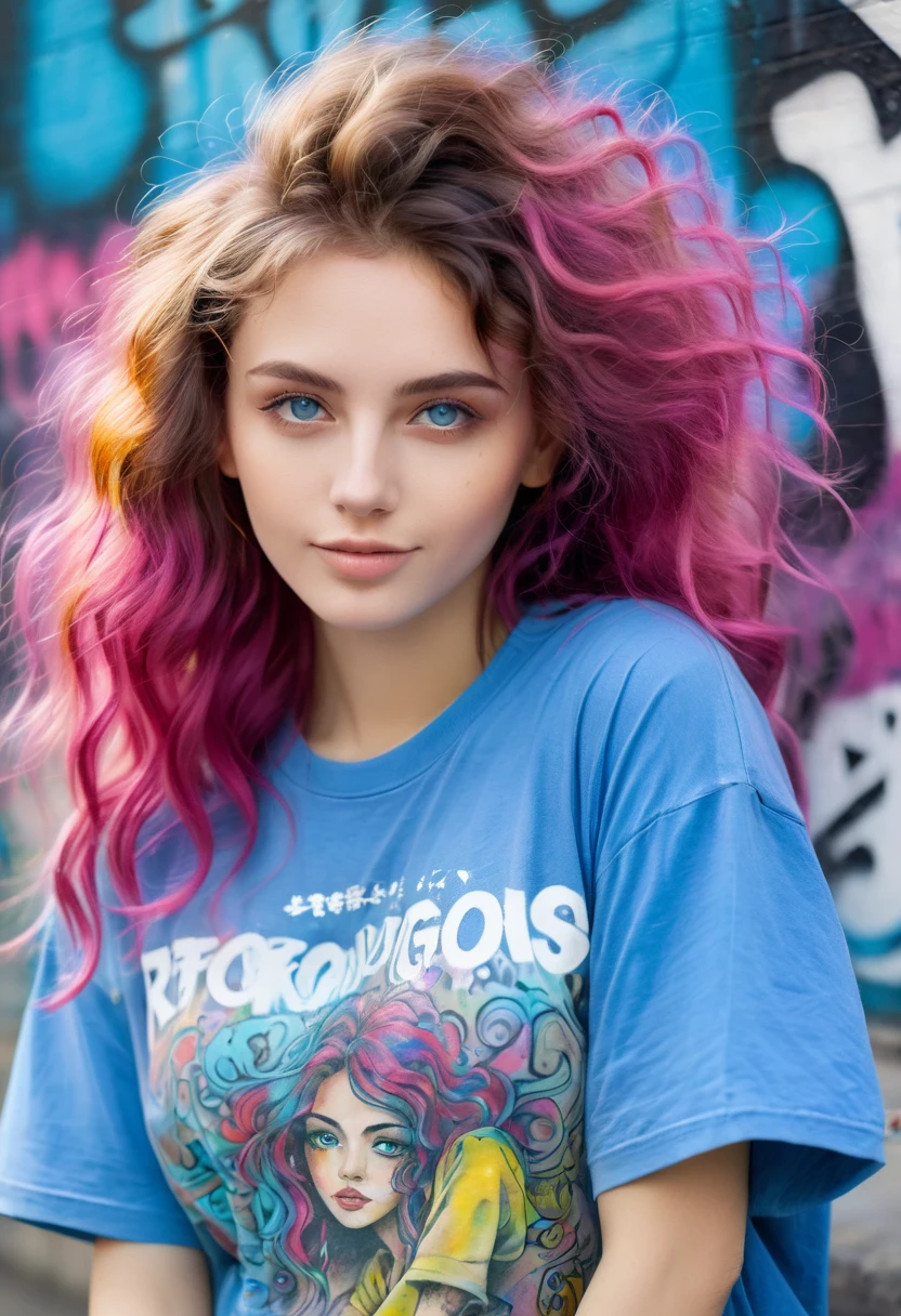 best quality，watercolor，ink，Oil Pen，painting，Upper body portrait，The original essence of the tattoo street style icon，Rebellious energy，Wear an oversized t-shirt with a logo，Vibrant graffiti as background，Avant-garde fashion，Feeling，Confident appearance，Colorful hair，light through the mist，（1 girl），Long curly hair，blue eyes，A small smile
