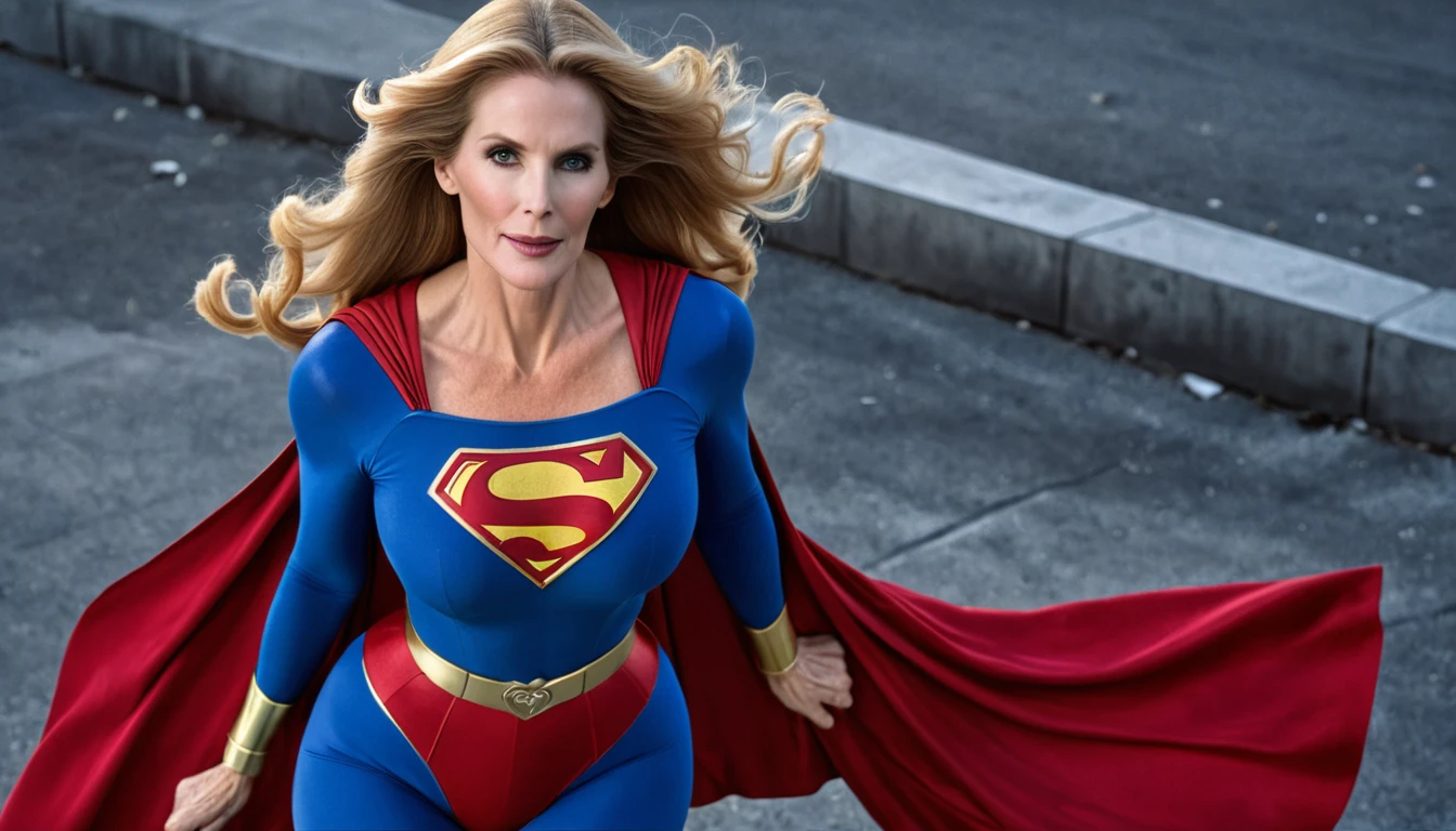 strong/powers sexy Superold woman Julie Hagerty Supergirl 1984s DC comics costume; super chest big and strong breasts. HD. Photograph, ((realism)), extremely high quality RAW photograph, ultra detailed photograph, sharp focus, high resolution, (detailed skin:1,3),high quality, film grain, Fujifilm XT3,Highly Detailed, movie, (Cinematic Photo:1.3) of (Realistic:1.3)