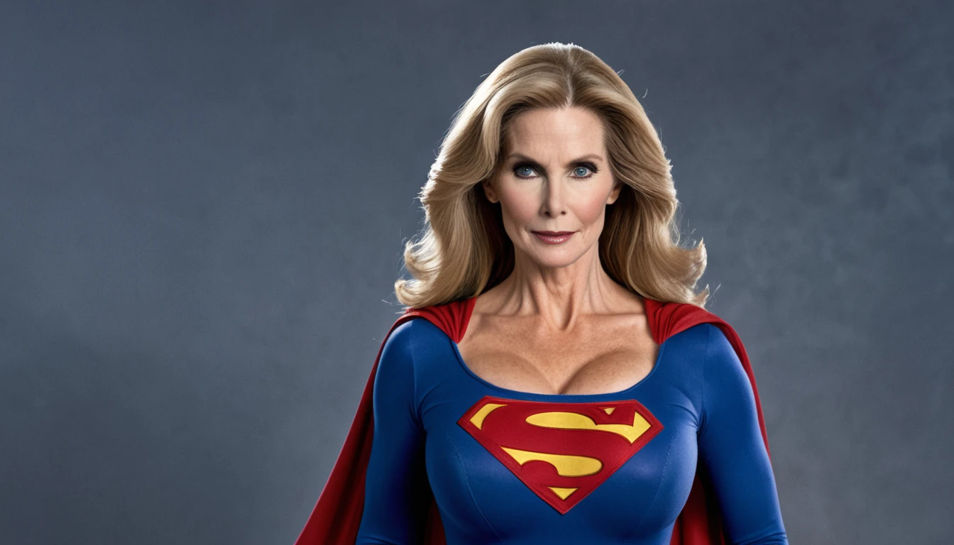 strong/powers sexy Superold woman Julie Hagerty Supergirl 1984s DC comics costume; super chest big and strong breasts. HD. Photograph, ((realism)), extremely high quality RAW photograph, ultra detailed photograph, sharp focus, high resolution, (detailed skin:1,3),high quality, film grain, Fujifilm XT3,Highly Detailed, movie, (Cinematic Photo:1.3) of (Realistic:1.3)