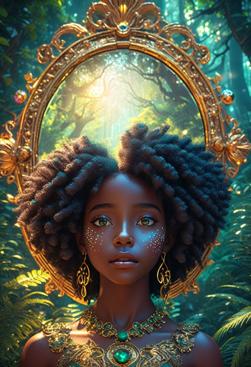 A stunning 3D render of surrealism art set against a lush, emerald forest backdrop, where dappled sunlight filters through dense foliage. One black young girl, her afro-puffs adorned with twinkling beads, gazes in awe at a majestic, mature black woman reflected in a gilded, ornate mirror. Exaggerated facial features, intricate skin textures, and vibrant, neon colors create a dreamlike atmosphere, amplified by a dramatic ring light. Rendered using Unreal Engine, Octane Engine, and V-Ray, this cinematic scene embodies the whimsy and fantasy of Pixar-esque animation.